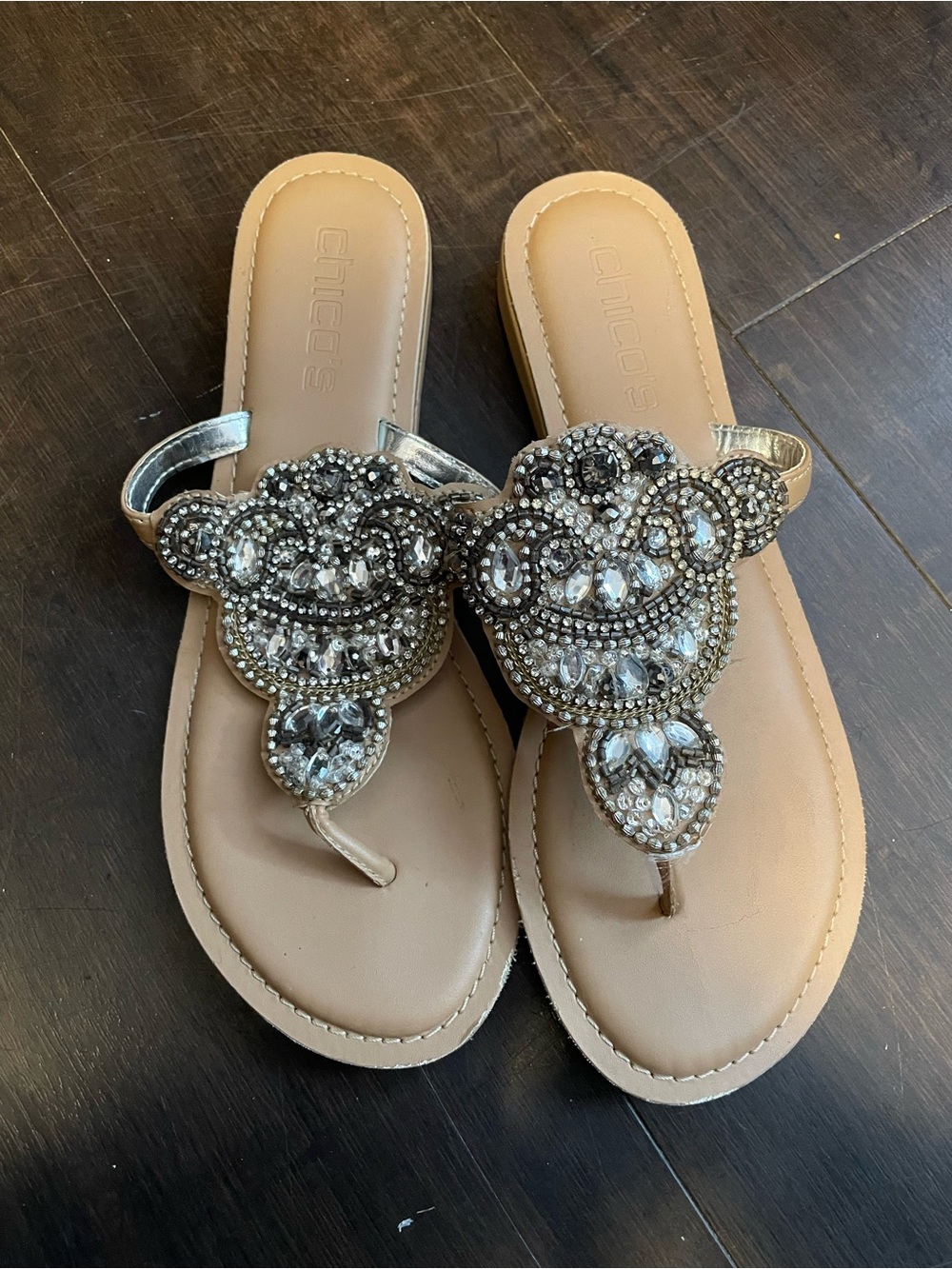 Chico's Tan Jeweled Toe-Post Sandals